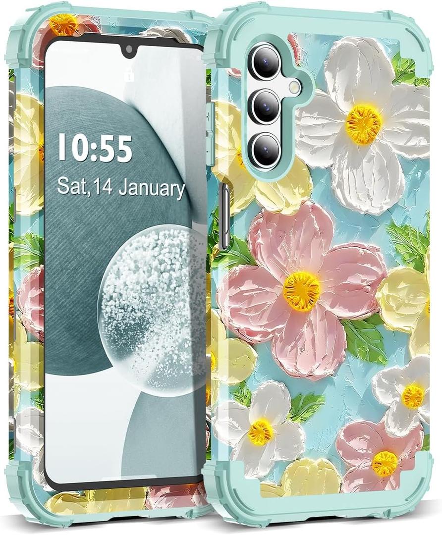 for Galaxy A14 5G Case,3 in 1 Oil Painting Flower Pattern Heavy Duty Shockproof Protection Silicone Rubber Bumper+Hard Plastic Hybrid Protective Cover for Samsung A14 6.6",Green Flower