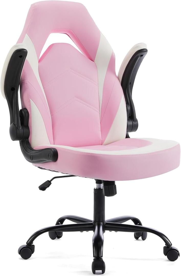 Sweetcrispy Computer Gaming Desk Chair - Ergonomic Lumbar Support Executive with PU Leather and Flip-up Armrest, Height Adjustable with 360 Swivel Wheels, Pink White, for Home and Office