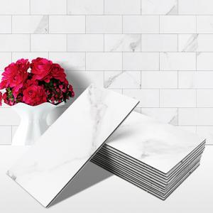 STICKGOO 100-Pieces Peel and Stick Backsplash, 3" x 6" PVC Wall Tile, Marble White Stick on Backsplash for Kitchen/Bathroom/Fireplace (Statuario White Marble)