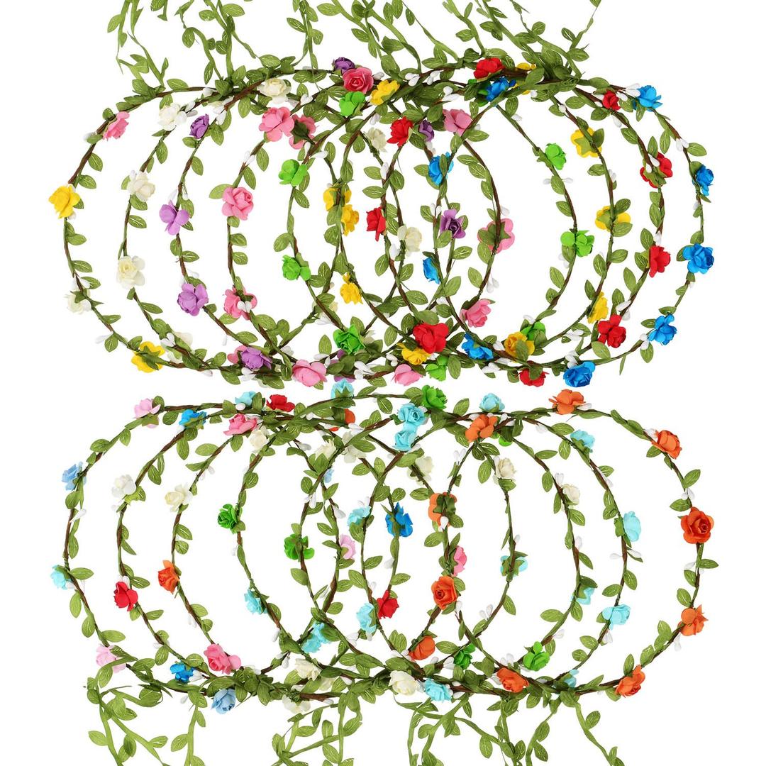 EBOOT 15 Pieces Assorted Colored Flower Crown Wreath Headband Garland Multicolor Headbands Floral Headpiece for Wedding Festival Vacation Fairy Party Photography Props