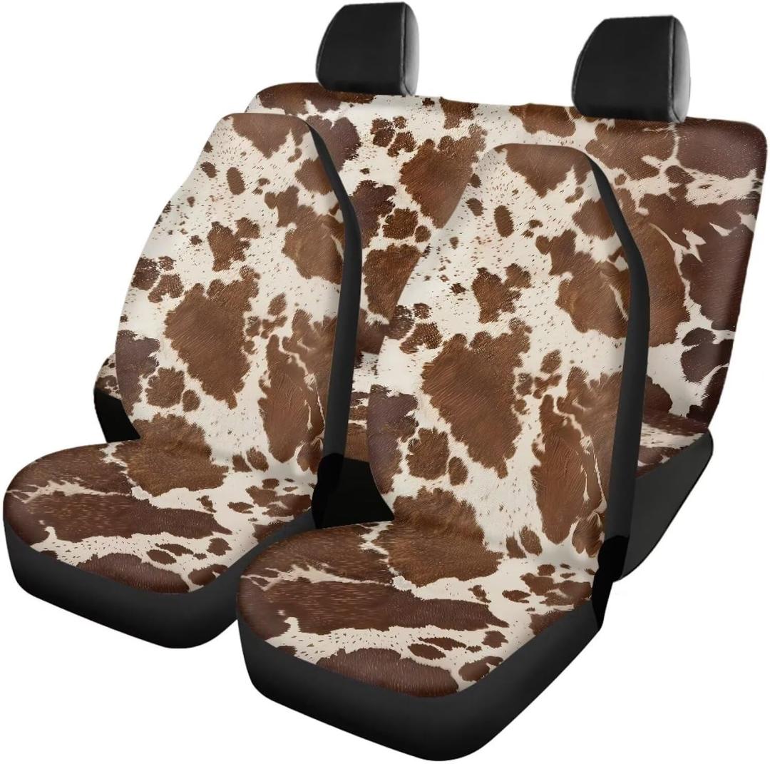 4 Piece Car Seat Covers for Front and Rear Retro Brown Cow Pattern Automotive Seat Covers Seat Protector Vehicle Interior Decoration Universal Fit Car Van Truck Sedan