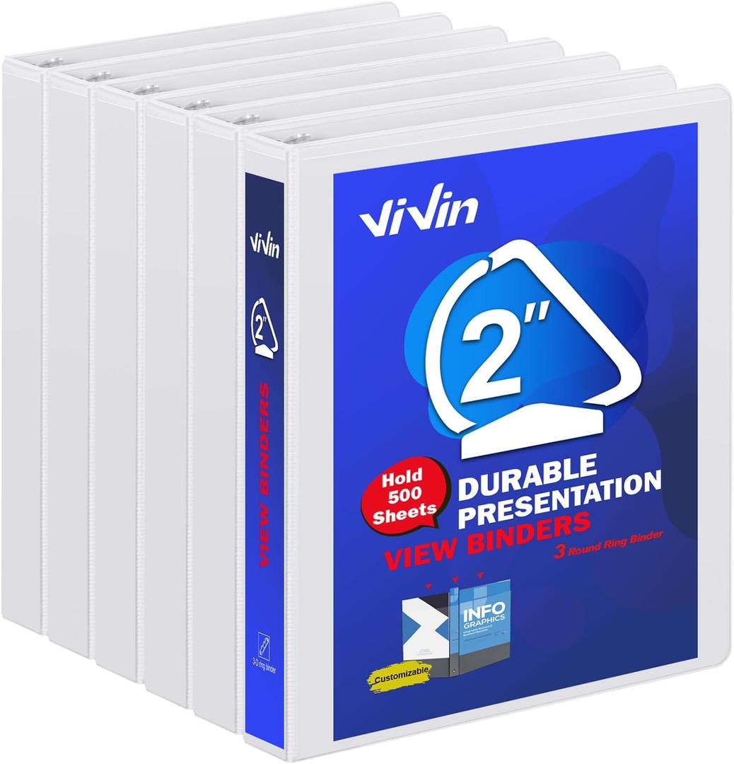 3 Ring Binder 2 Inch, ViVin Sturdy 2"-Slant D Ring Binder with 2 Interior Pockets, Clear View Cover, PVC-Free, Fits 500 Sheets of US Letter Size Paper (6 Pack, White)