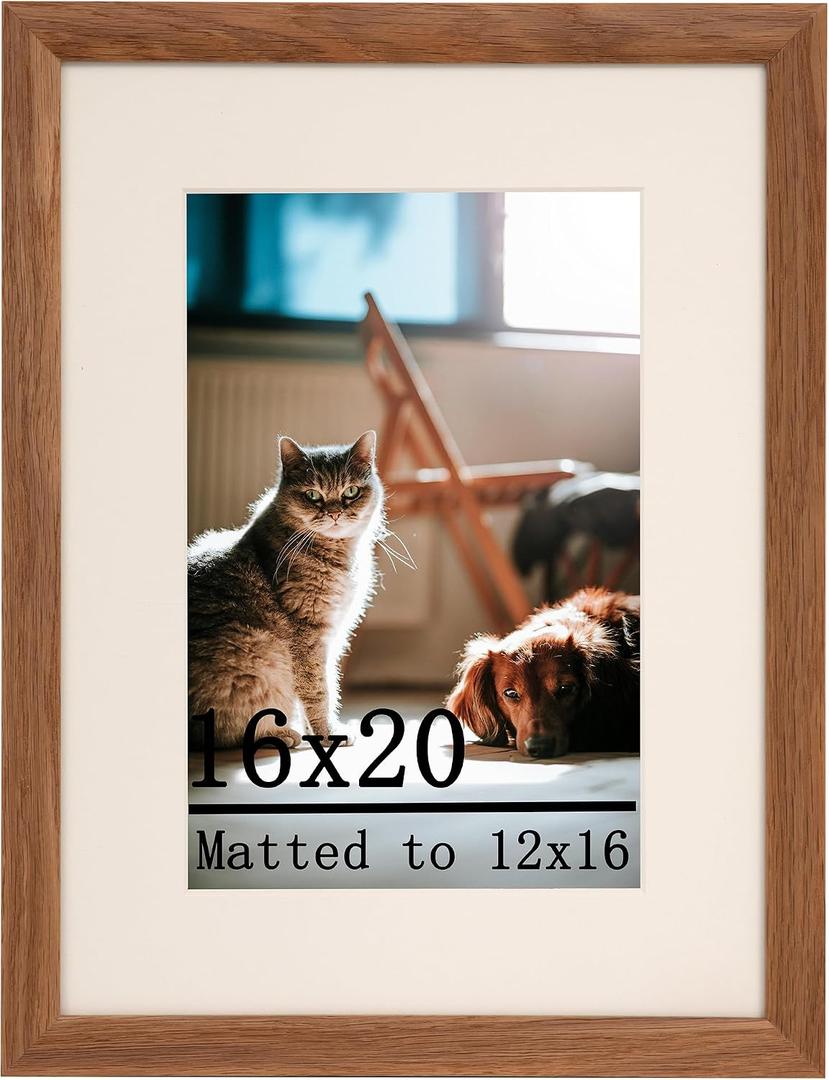 16x20 Natural Oak Wood Picture Frame - Display 12x16 Photos with Mat or 16x20 Without - Modern Minimalist Gallery Wall Poster Frame - Horizontal & Vertical Wall Mounting