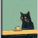 Funny Black Cat Wall Art Cute Cats With Coffee Wall Decor Paintings Eclectic Animal Meme Canvas Poster Prints Aesthetic Whimsical Pet Kitty Picture for Dining Room Cafe Kitchen Framed 16x24 inch