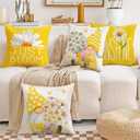 All Smiles Yellow Throw Pillow Covers 20x20 Set of 4 Outdoor Spring Summer Decorative Cushion Cases Home Dcor Decorations for Patio Couch Chair Sofa,Daisy Floral Gnomes