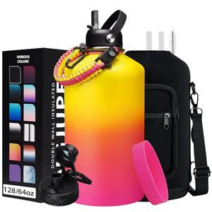 Amazon.com : 1 Gallon Insulated Water Bottle - with Straw & Auto Chug Lid, Paracord Handle, Bottle Sleeve, 128 oz Stainless Steel Water Bottle, Large Metal Gallon Water Jug Canteen for Sport Work : Sports & Outdoors