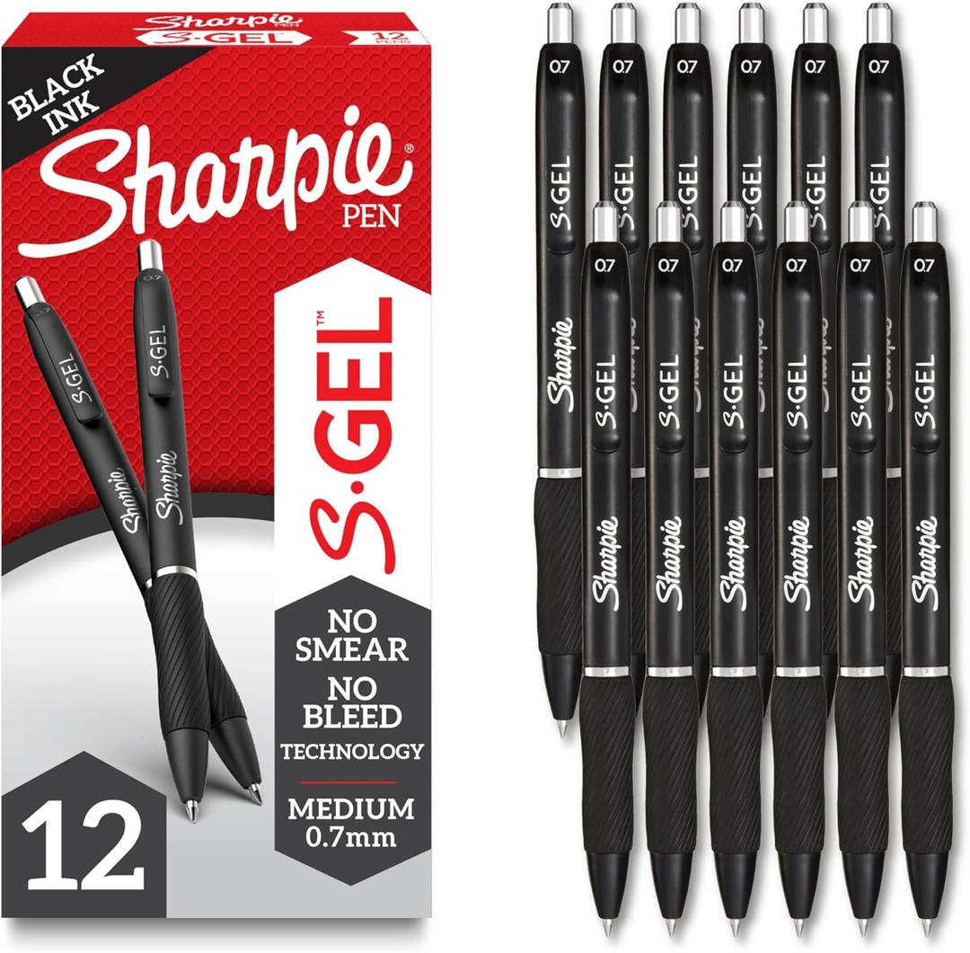 Sharpie S-Gel Gel Pens Drawing Pens Gel Ink For Journaling Writing Coloring Medium Point (0.7Mm) Black Barrel Black Ink 12 Count