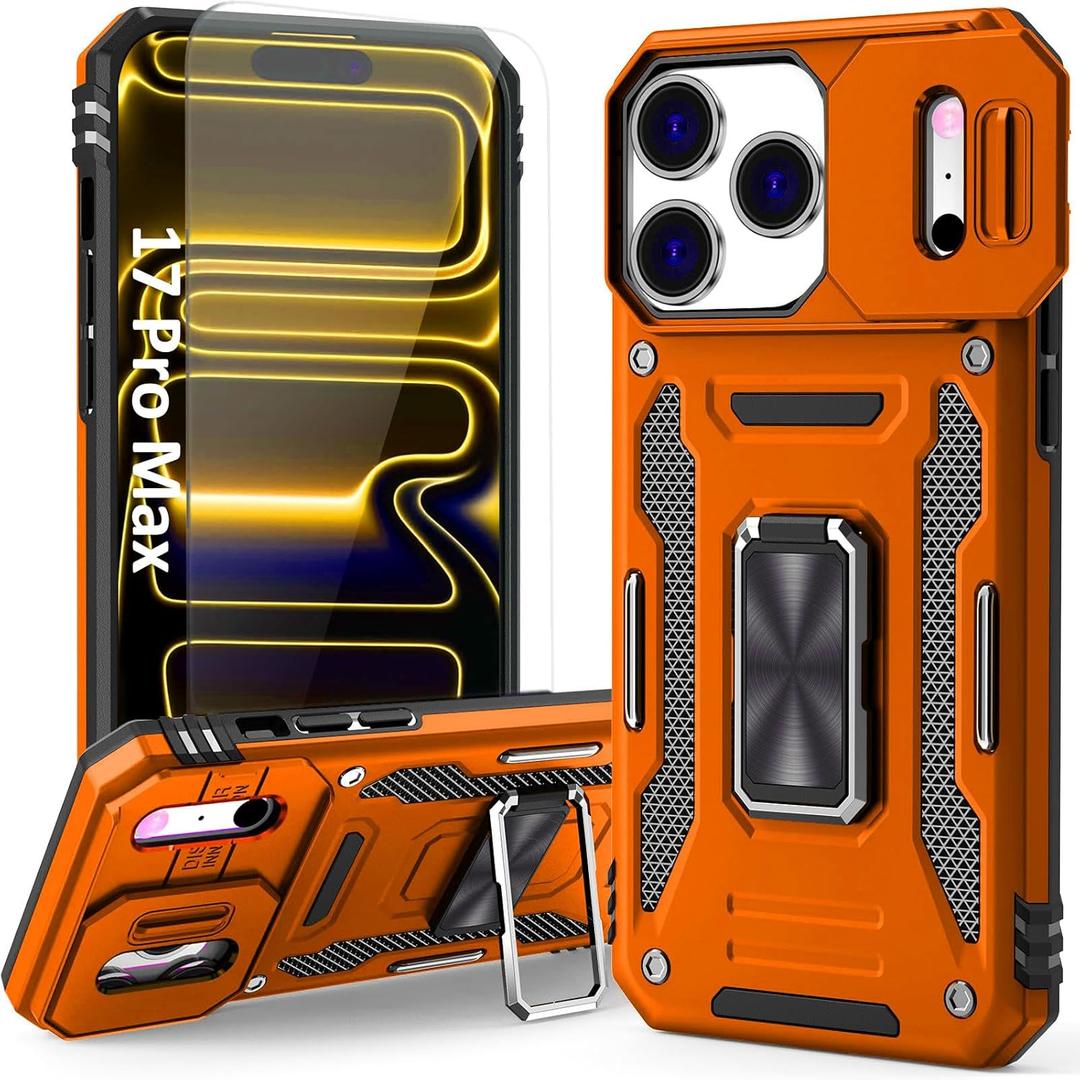 Orange Case Compatible with iPhone 17 Pro Max with Camera Protection & Stand, with Screen Protector, Military-Grade Drop Shockproof Protection Cover, for i Phone 17 Pro Max