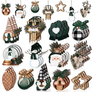Huwena 40 Pcs Winter Wooden Ornaments Winter Theme Wonderland Hanging Ornaments Neutral Tree Decoration Farmhouse Snowman Gnomes Wreath Buffalo Plaid Wood Cutouts Decor for Home Xmas Tree Gifts (Green)