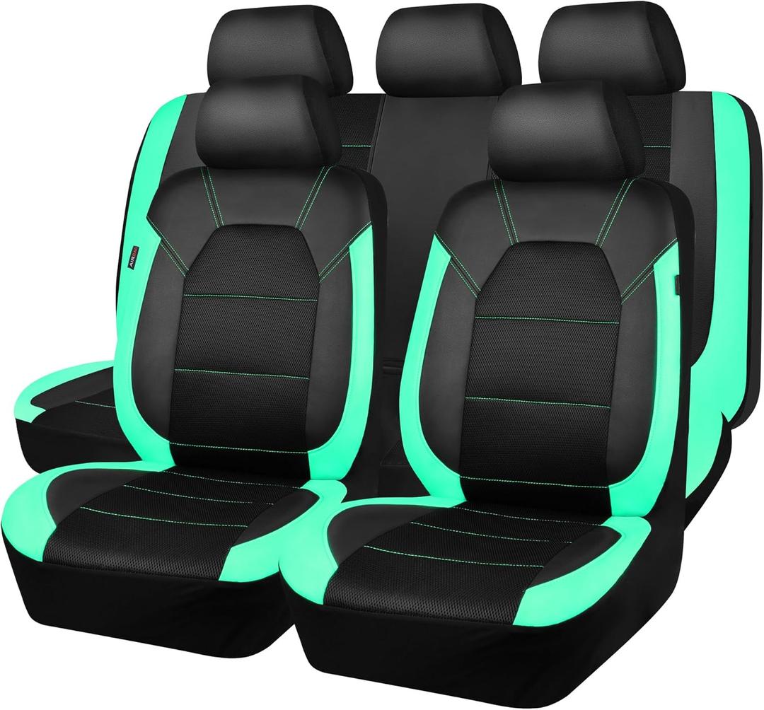 CAR PASS Leather Seat Covers, Breathable Universal Car Seat Cover Full Set for Cute Women Girly,Super 5mm Composite Sponge Inside,Airbag Compatible Fits Most Auto,SUVs,Trucks,Vans(Full Set,Black&Mint)