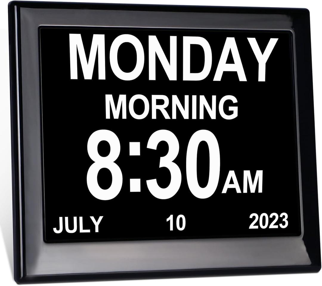 Day Date Time Clock for Seniors Elderly 3 Medication Reminders+ 5 Custom Reminders Digital Calendar Dementia Impaired Vision Memory Loss Clock(Black,8-inch)