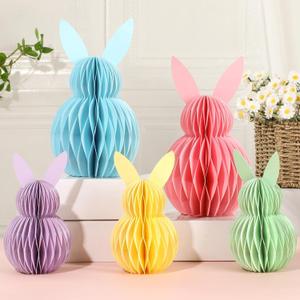 Naozinebi 5Pcs Easter Bunny Honeycomb Centerpiece Easter Party Table Decorations 3D Paper Rabbit with Magnet Pastel Table Ornament for Home Office Kitchen Easter Gift Holiday Party Table Supplies