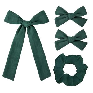 2 x 4 Pcs Dark Green Bows Set Accessories for Hair, Dark Green Scrunchie and Alligator Hair Clips Long Ponytail Bow Knot Linen Satin Hair Accessories for Women and Girls (3 Styles)