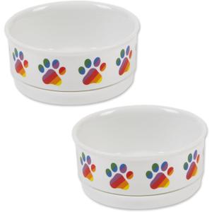 Bone Dry Ceramic Food Bowls, Non-Slip & Dishwasher Safe, Small Set, 4.25x2, Rainbow Paw, 2 Count