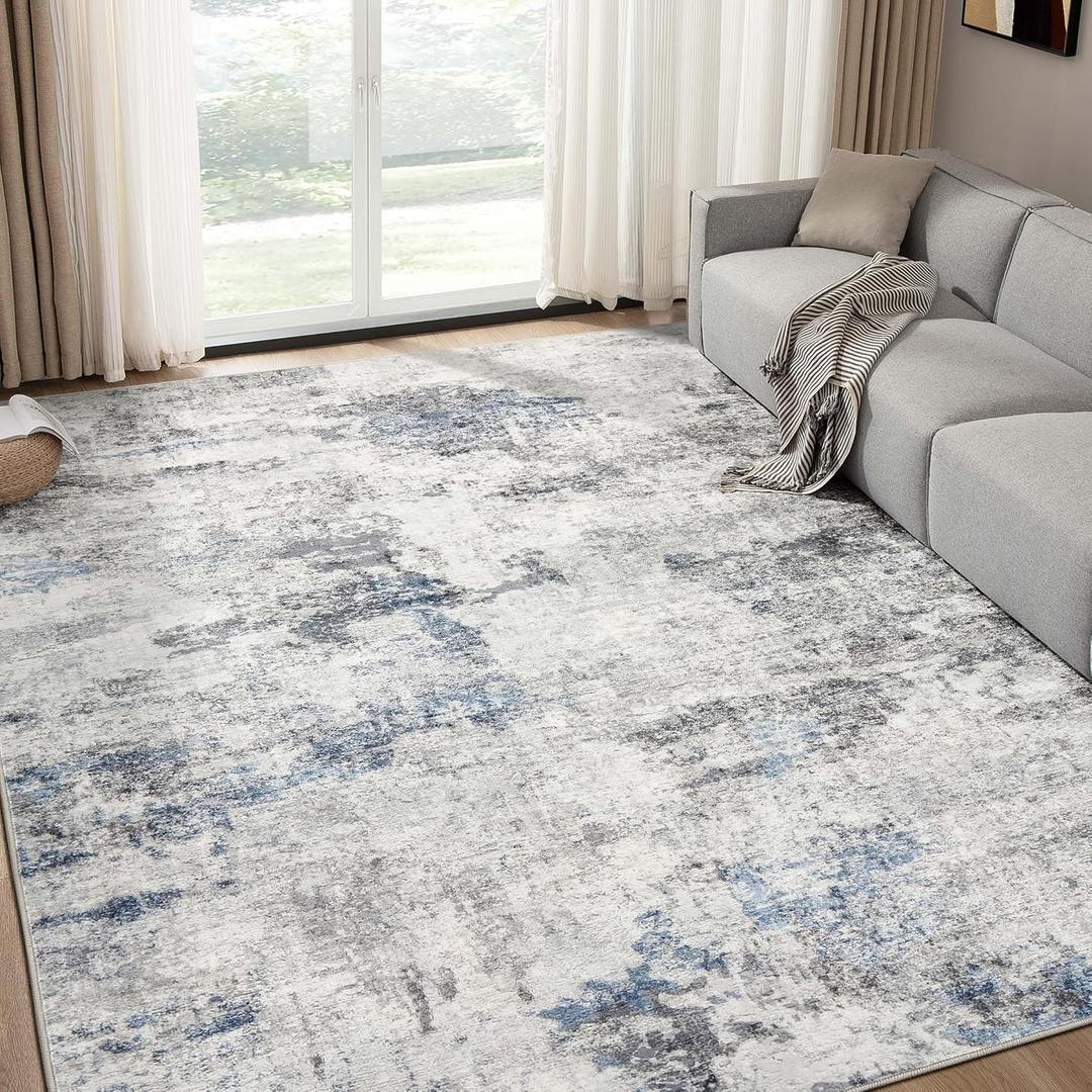 Living Room Area Rugs - 6x9 Abstract Large Soft Indoor Washable Rug Neutral Modern Low Pile Carpet for Bedroom Dining Room Farmhouse Home Office - Grey Blue