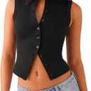 Womens Going Out Tops Summer Spring Ribbed Tank Sexy Crop Cute Y2K Button Down T Shirts Fashion Clothes 2025 (Medium, Black)