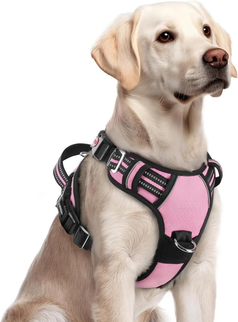 rabbitgoo Dog Harness for Large Dogs, No Pull Pet Vest with 3 Buckles, Adjustable Soft Padded Pet Harness with Easy Control Handle and Reflective Strips, Light Pink, Large