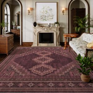 Clemile 8x10 Living Room Rug - Washable Ultra-Thin Area Rug Vintage Carpets - Soft & Stain Resistant Abstract Rug for Home Bedroom Dining Room Home Office Red Burgundy