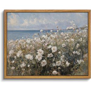 KISSFOX Framed Wall Art Vintage Wall Decor Coastal Pictures Flower Canvas Art Roses Floral Paintings Summer Aesthetic Artwork For Bedroom Living Room Kitchen (8x10 in)