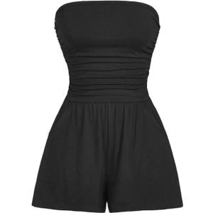 AUXDIO Women Summer Casual Strapless Romper Sleeveless Off Shoulder Short Jumpsuits 2026 Beach Vacation Clothes (Black, S)