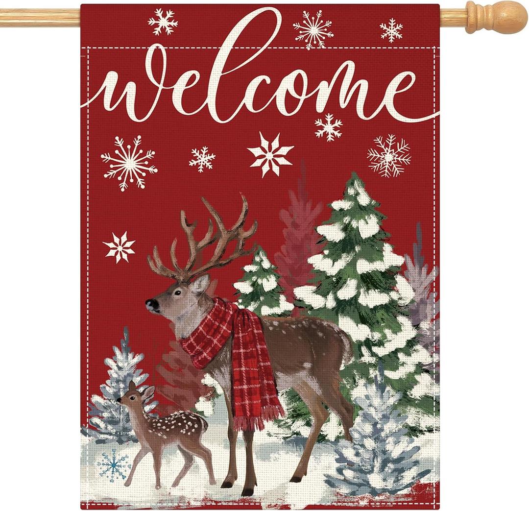 Artscope Welcome Reindeer Christmas Tree House Flag 28x40 Inch Double Sided, Seasonal Outdoor Winter Xmas Flag for Yard Farmhouse Holiday Decoration-Red