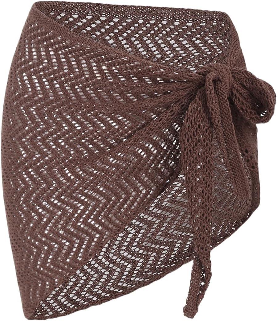 ZAFUL Sarong Coverups for Women Beach Vacation Fishnet See Thru Tie Side Bathing Suit Cover Up Mini Skirt (One Size, 2-deep Coffee)