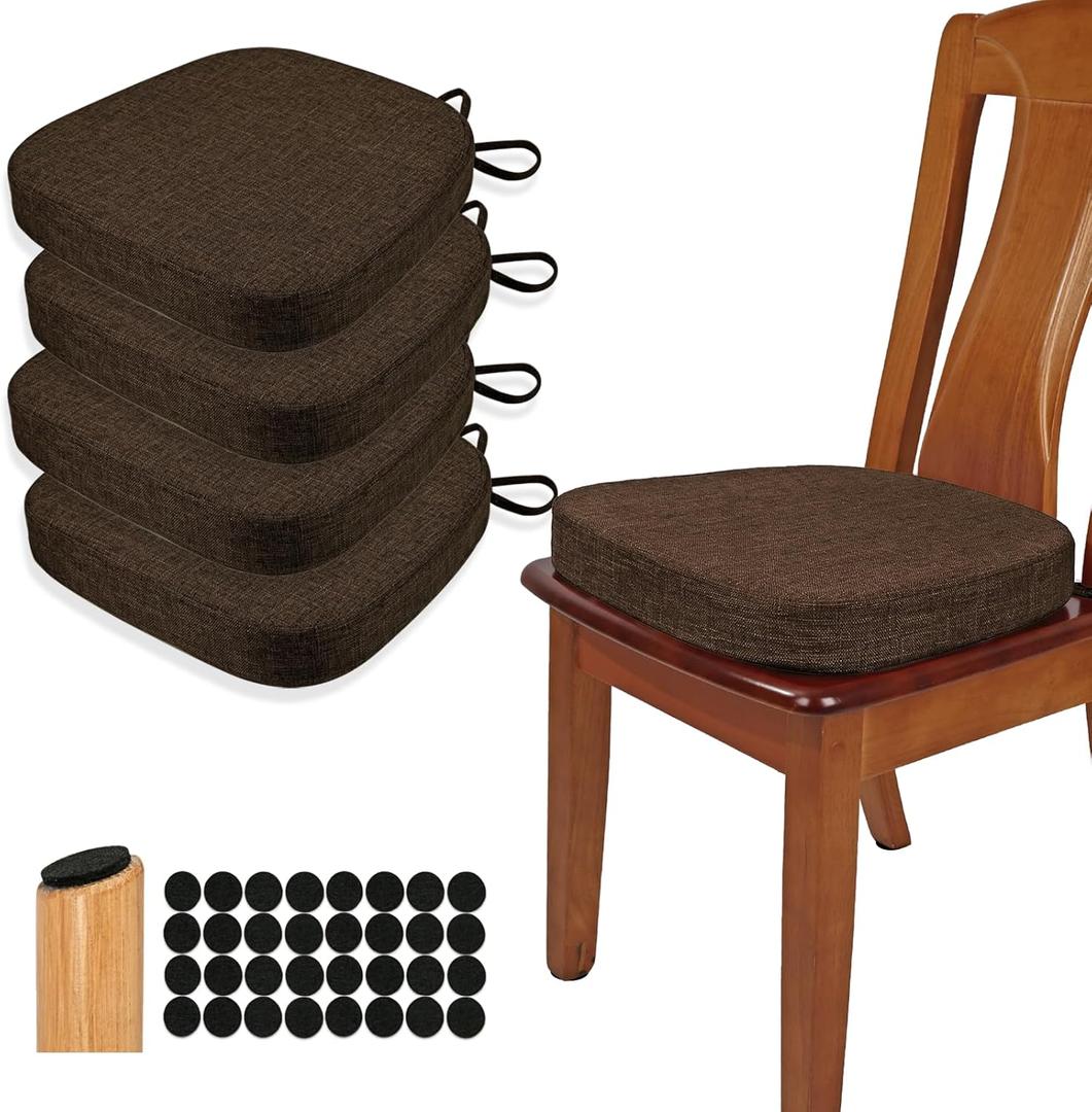BUYUE Thickened 2.5" Dining Chair Cushions Set of 4, U-Shape High Density Foam Comfortable Chair Pads for Kitchen, Slip Resistant Indoor Seat Cushions (4 PCS, Chocolate)