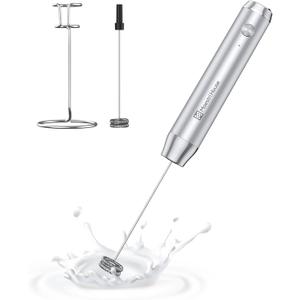 Maestri House Rechargeable Milk Frother with Stand, LunaFro Handheld Electric Foam Maker Waterproof Detachable Stainless Steel Whisk Drink Mixer Foamer for Lattes, Cappuccino (Sliver)