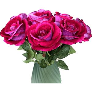 10-Pcs Artificial Rose Bouquets Faux Flowers with Flannel and Silk-Like Touch Highly Realistic Handmade Ideal for Home Office Wedding Hotel Festival Party Decorations Gifts Props (Fuchsia)