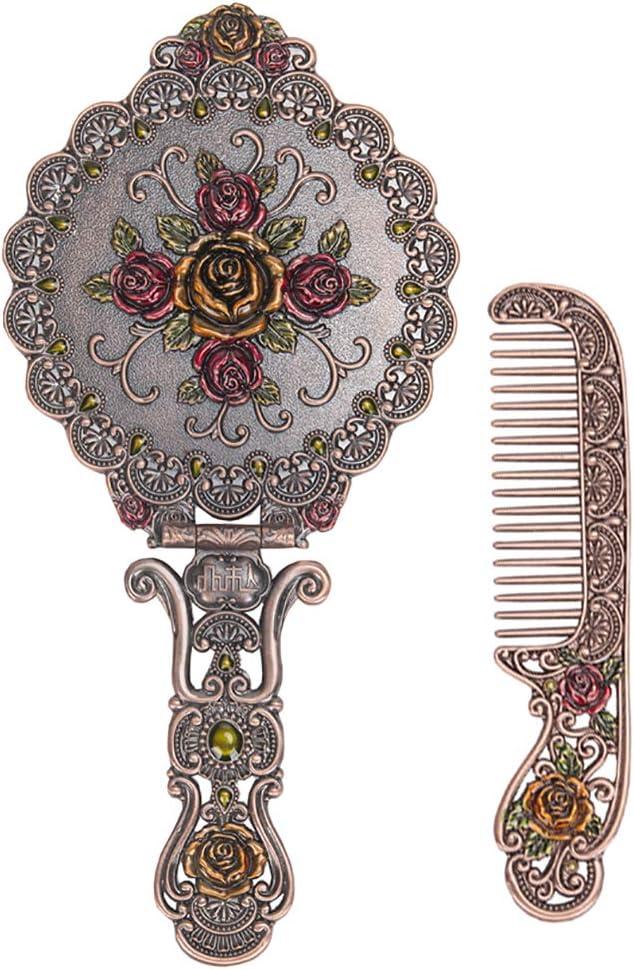 Nerien Vintage Mirror Comb Set Metal Antique Rose Style Handheld Makeup Mirror Travel Round Folding Cosmetic Mirror Women's Vanity Handle Foldable Mirrors Decorative Tabletop Mirrors Copper