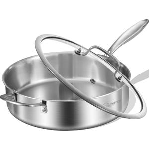 LOLYKITCH Whole Body Tri-Ply Stainless Steel 5.5 QT Saut Pan with Lid,12 Inch Deep Frying Pan,Jumbo Cooker,Dishwasher and Oven Safe,Detachable Handle. (Silver)
