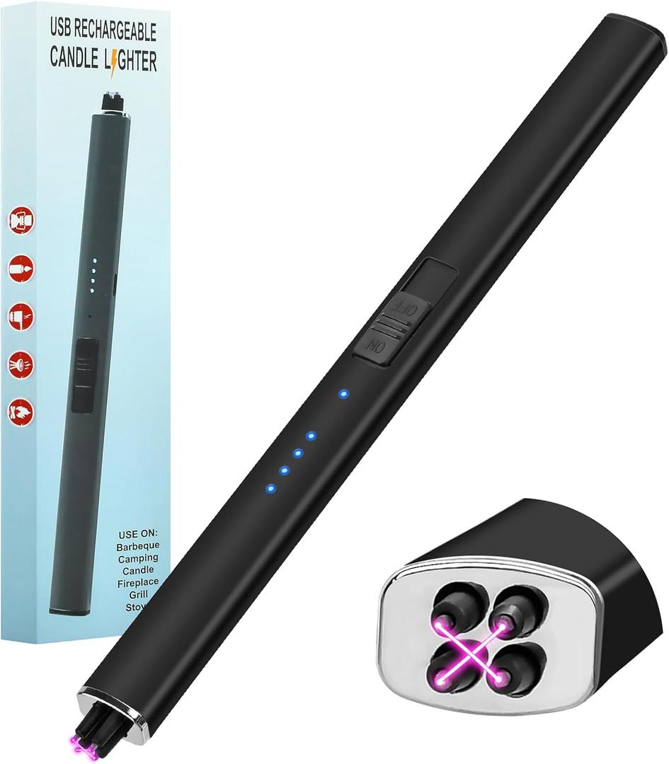 Electric Candle Lighter Rechargeable Windproof Flameless Gifts for Men Husband Dad Dual Arc Stocking Stuffers for Men Him Women Camping Kitchen USB Lighters with Safety Lock Valentines (Black)