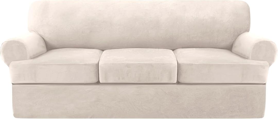 Stretch T Cushion Sofa Slipcover 4 Pieces Sofa Covers Thick Velvet Couch Cover Stretch Sofa Slip Covers Furniture Protector with 3 Individual T Cushion Washable (Ivory, Sofa)