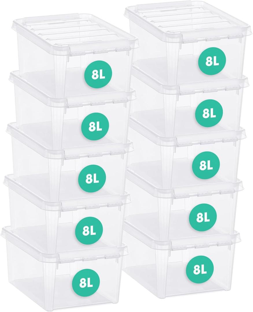 Classic 10 Clear Plastic Storage Boxes, 8L/8.5QT BPA-Free Stackable and Nestable Container with Secure Lid, Swedish Made Plastic Bins for Organization, L13.39 x W9.84 x H6.3-10 Pack