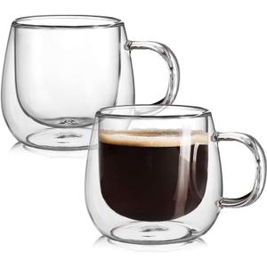 Double Wall Glass Coffee Mugs 16oz Set of 2 Insulated Clear Tea Cups with Handle, Perfect for Espresso, Latte and Cappuccinos