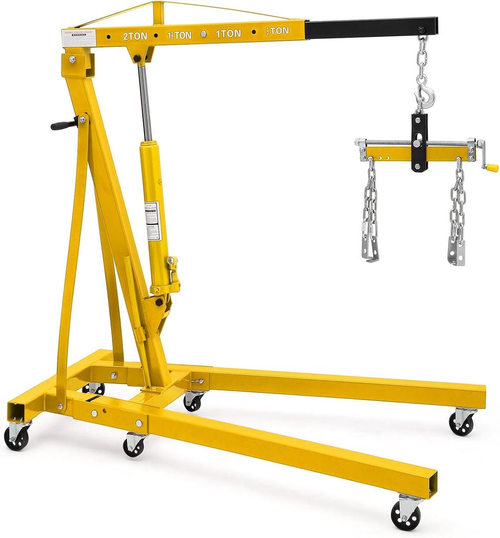 2 Ton Folding Hydraulic Engine Hoist with Lever, Folding Engine Shop Crane Hoist Lift, Heavy Cherry Picker with 6 Wheels for Garage, Workshop,Gold