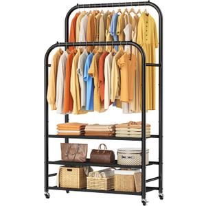 HOMIDEC Double Rods Clothes Rack Clothing Rack with 3 Tier Storage Shelves Clothes Rack for Hanging Clothes Multifunctional Clothes Organizer Bedroom,Wardrobe Closet,Shop,Black