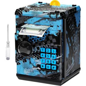 ATM Piggy Bank for Boys and Girls, Mini ATM Coin Bank Money Saving Box with Password, Kids Safe Money Jar for Adults with Auto Grab Bill Slot, Great Gift Toy Bank for Kids (Large, Blue)