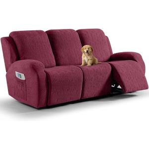 VANSOFY Recliner Couch Cover, 8-Pieces Stretch Recliner Sofa Cover Soft Jacquard Reclining Slipcover Furniture Protector with Elastic Bottom for Kid, Pets (3 Seat,Wine)