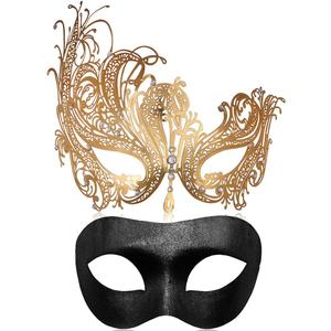 MYMENU Couple Masquerade Mask for Women Men Laser Cut Metal Mask Venetian Mask for Party Ball (Gold Phoenix Set)