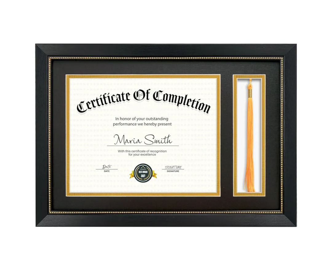 11x16.5 Diploma Frame with Tassel Holder for 8.5x11 Certificate Document, Black Diploma Frame with Real Glass, Black Over Gold Double Mats, Display 8.5x11 diploma and One Tassel