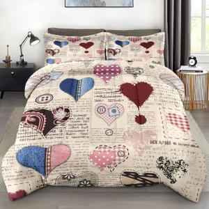 Comforter Set King Size, Love Valentines Day Heart 3 Pcs Soft Bedding Set for Kids and Adults, Patchwork Collage Comforter Set with 2 Pillowcases, for Bedroom Bed Decor