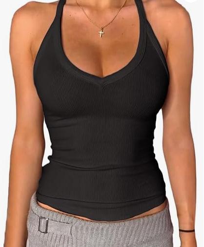 Danysu V Neck Racer Back Tank Tops for Women Padded Fitted Long Basic Cami Ribbed, No See Through, Removable Pads, Stretchy Sexy Everyday Tank, Workout Casual Shirt, Y2K Cute Summer Going Out Tops, Size XS
