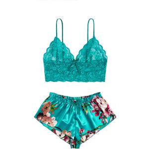 WDIRARA Women's 2 Piece Lingerie Floral Lace Cami Top with Satin Shorts Sleepwear Pajama Set (Large, Teal Green)