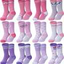 Toddlers Girls Non Slip Grip Socks - Cotton Crew Socks with Grippers 12 Pairs 1-3T