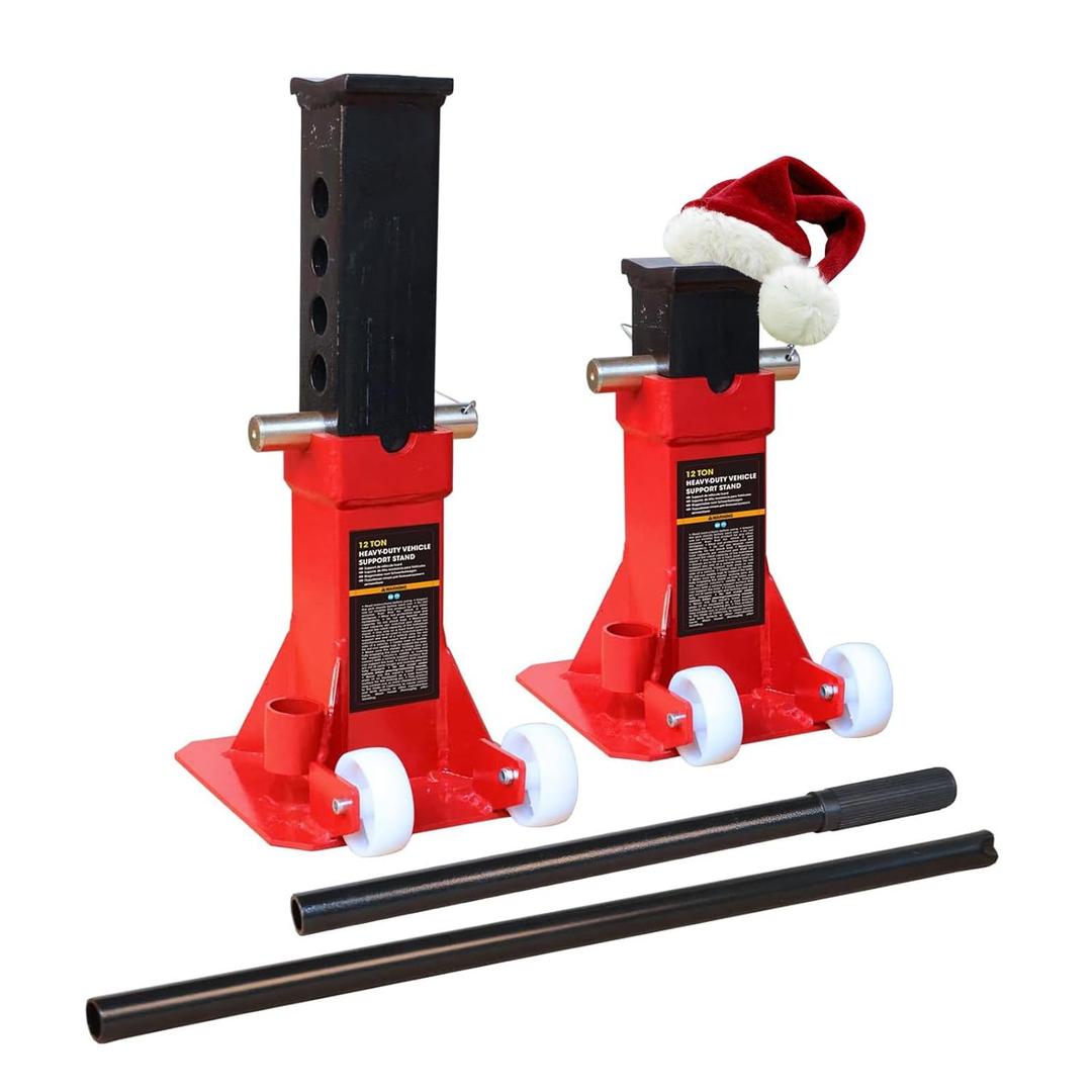 TCE ATZ120006PU Torin Heavy Duty Jack Stands: Pin Style Jack Stand with 2 Casters and Handle, Easily Portable Car Stand for Car SUV, Truck and Pick Up, 12 Ton (24,000 lb) Capacity, Red