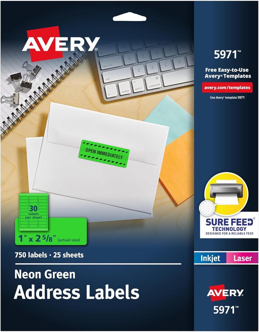 Avery Printable Address Labels with Sure Feed, 1" x 2-5/8", Neon Green, Laser & Inkjet Compatible, 750 Blank Labels Total, Great for Branding, Mailing, Organizing, and More (5971)