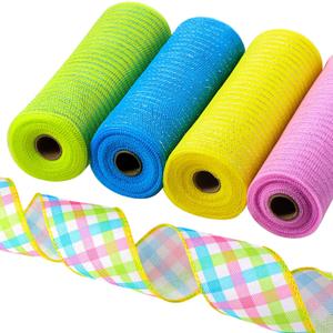 Unittype 5 Rolls Easter Poly Mesh Ribbons and Wired Edge Ribbons, 10 Inch x 10 yd Metallic Mesh Ribbon 2.5 Inch x 10 yd Satin Ribbon for DIY Craft Party Decoration(Pink Yellow Blue Green,Grid)