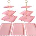 5 Pcs Cupcake Stand Set - Pink Plastic Dessert Table Display Set, 2x Pink Square 3 Tier Cupcake Display Stands Cookie Tray Rack Serving Tower & 3x 14 in Plastic Trays for Wedding Baby Shower Tea Party