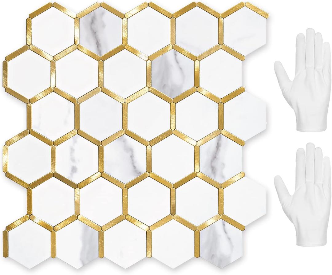 STICKGOO Hexagon Peel and Stick on Backsplash for Kitchen and Bathroom, White Marble Look PVC Mixed Metal Gold Self Adhesive Metal Mosaic Tiles(10 Sheets, Seamless) (White Marble with Metal Gold)